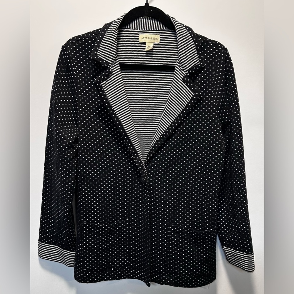 NEW Appleseed's Women’s Knit Jacket Blazer Black White Polka Dot Striped Size M